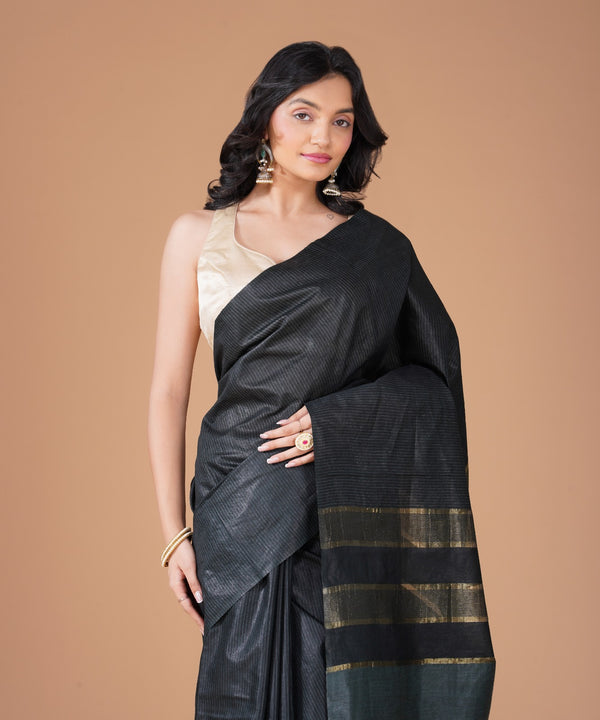 Black Semi Tussar Silk Saree with Gold Striped Pallu