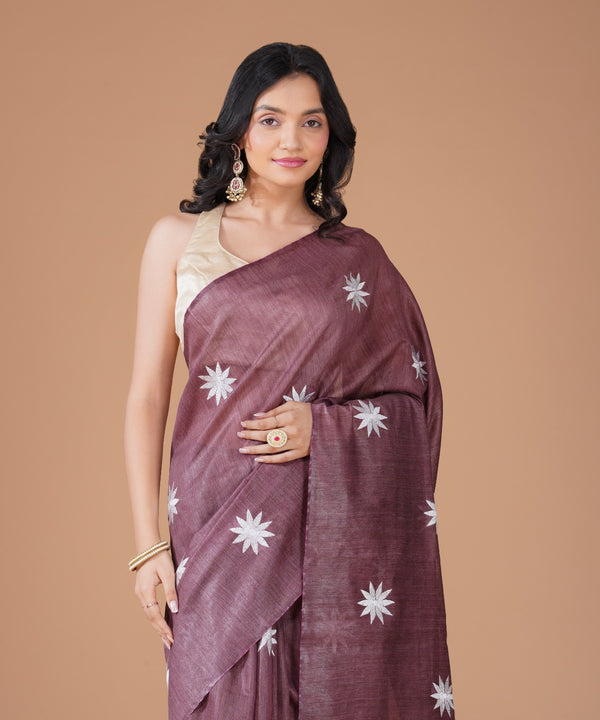 Mauve Bamboo Jute Silk Saree with Silver Star Embroidery