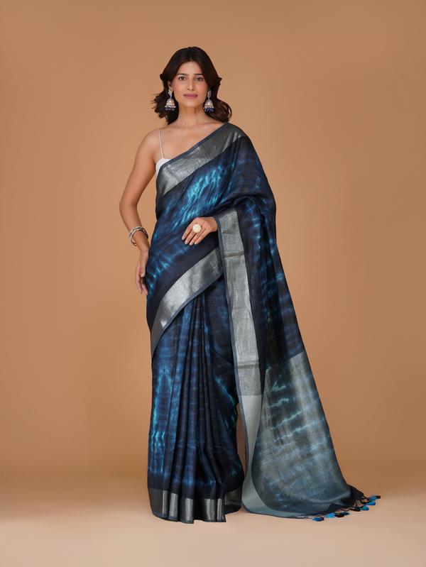 Indigo Blue Linen Shibori Saree with Silver Zari Border