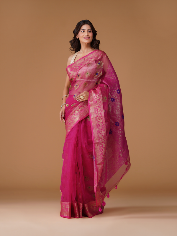 Rani Pink Pure Resham Banarasi Saree with Zari Border