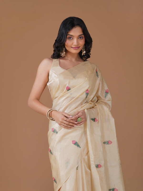 Ivory Katan Silk Saree with Red & Yellow Paisley Embroidery