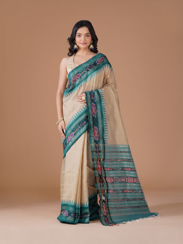 Cream Semi Raw Silk Saree with Teal Ikat Temple Border