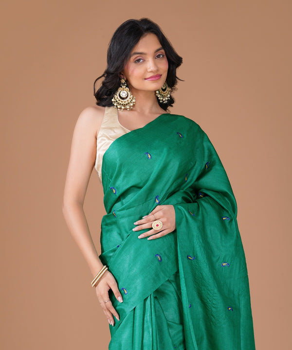 Emerald Green Pure Tussar Silk Saree with Blue Paisley Embroidery