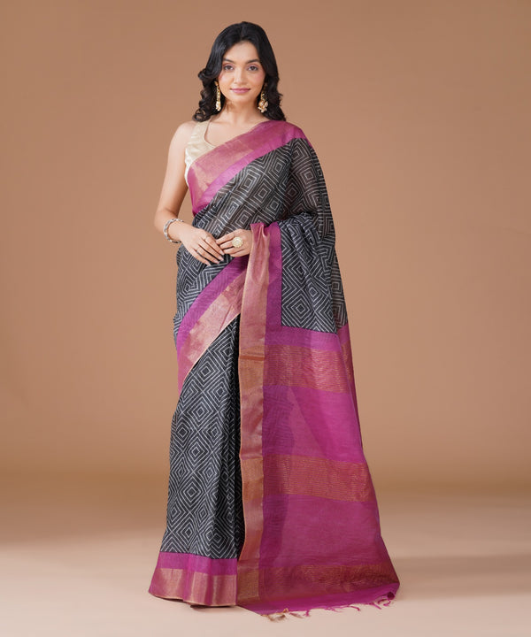 Charcoal Grey Cotton Silk Printed Saree with Pink Zari Border