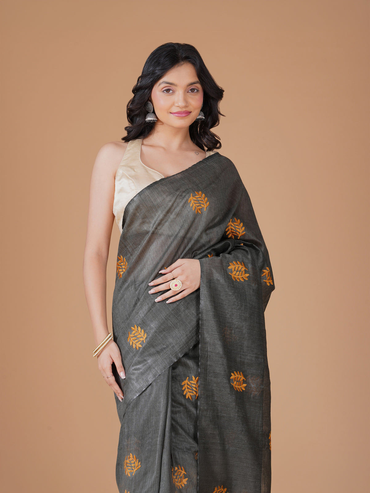 Charcoal Grey Bamboo Jute Silk Saree with Mustard Leaf Embroidery