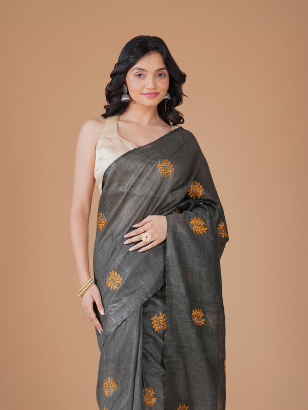 Charcoal Grey Bamboo Jute Silk Saree with Mustard Leaf Embroidery