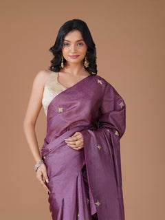 Mauve Pure Tussar Silk Saree with Gold Buti Embroidery