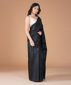 Black Semi Tussar Silk Saree with Gold Striped Pallu