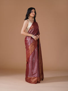 Maroon Zari Tissue Saree with Zig-Zag Weave