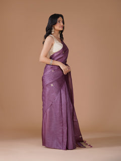 Mauve Pure Tussar Silk Saree with Gold Buti Embroidery