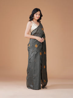Charcoal Grey Bamboo Jute Silk Saree with Mustard Leaf Embroidery