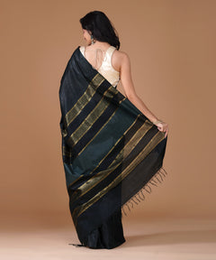Black Semi Tussar Silk Saree with Gold Striped Pallu