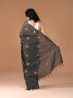 Charcoal Grey Bamboo Jute Silk Saree with Mustard Leaf Embroidery