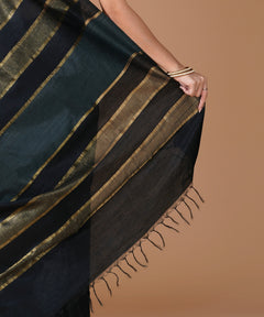 Black Semi Tussar Silk Saree with Gold Striped Pallu