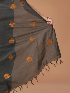 Charcoal Grey Bamboo Jute Silk Saree with Mustard Leaf Embroidery