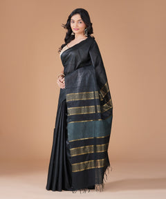 Black Semi Tussar Silk Saree with Gold Striped Pallu