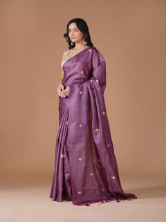Mauve Pure Tussar Silk Saree with Gold Buti Embroidery