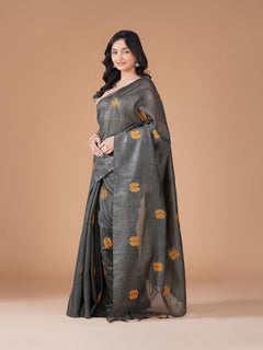 Charcoal Grey Bamboo Jute Silk Saree with Mustard Leaf Embroidery