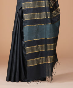 Black Semi Tussar Silk Saree with Gold Striped Pallu