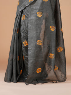 Charcoal Grey Bamboo Jute Silk Saree with Mustard Leaf Embroidery