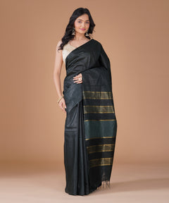 Black Semi Tussar Silk Saree with Gold Striped Pallu