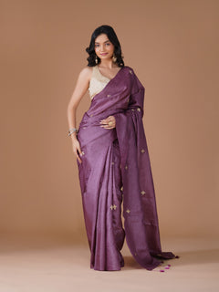 Mauve Pure Tussar Silk Saree with Gold Buti Embroidery