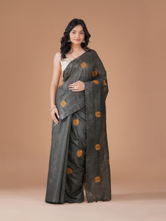 Charcoal Grey Bamboo Jute Silk Saree with Mustard Leaf Embroidery