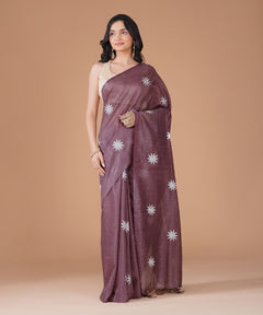 Mauve Bamboo Jute Silk Saree with Silver Star Embroidery