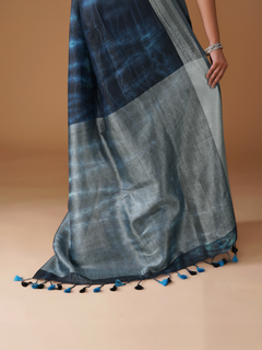 Indigo Blue Linen Shibori Saree with Silver Zari Border