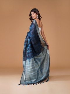 Indigo Blue Linen Shibori Saree with Silver Zari Border