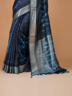 Indigo Blue Linen Shibori Saree with Silver Zari Border