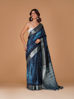 Indigo Blue Linen Shibori Saree with Silver Zari Border