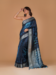 Indigo Blue Linen Shibori Saree with Silver Zari Border