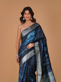 Indigo Blue Linen Shibori Saree with Silver Zari Border