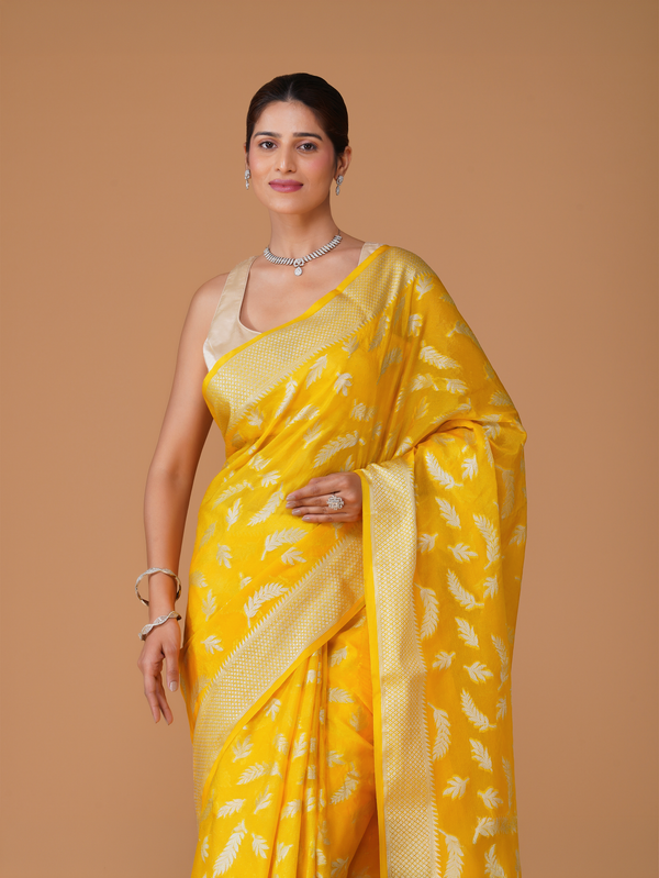 Yellow Banarasi Dyeable Warm Silk Saree with Zari Leaf Buti