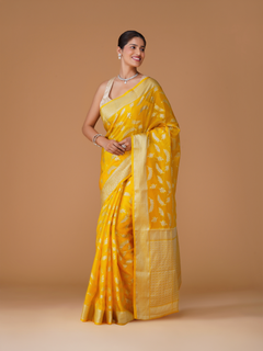 Yellow Banarasi Dyeable Warm Silk Saree with Zari Leaf Buti