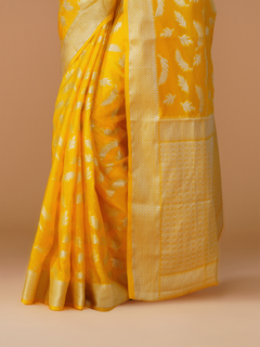 Yellow Banarasi Dyeable Warm Silk Saree with Zari Leaf Buti