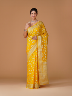 Yellow Banarasi Dyeable Warm Silk Saree with Zari Leaf Buti