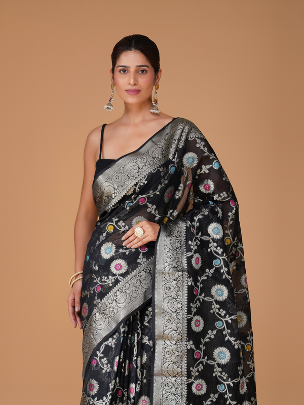Black Banarasi Dyeable Georgette Silk Saree with Meenakari Jaal Weaving