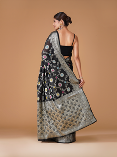 Black Banarasi Dyeable Georgette Silk Saree with Meenakari Jaal Weaving