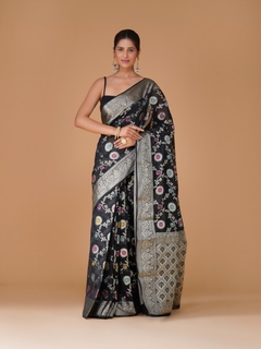 Black Banarasi Dyeable Georgette Silk Saree with Meenakari Jaal Weaving