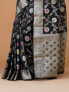 Black Banarasi Dyeable Georgette Silk Saree with Meenakari Jaal Weaving