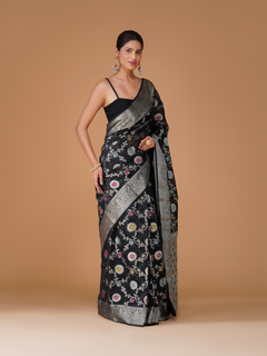 Black Banarasi Dyeable Georgette Silk Saree with Meenakari Jaal Weaving