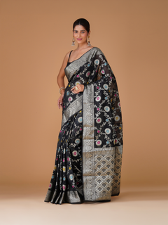 Black Banarasi Dyeable Georgette Silk Saree with Meenakari Jaal Weaving