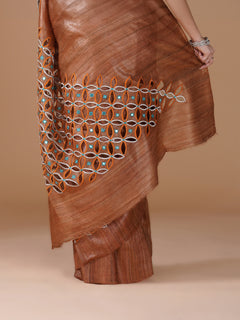 Rust Brown Pure Handloom Tussar Gheecha Silk Hand Cutwork Saree
