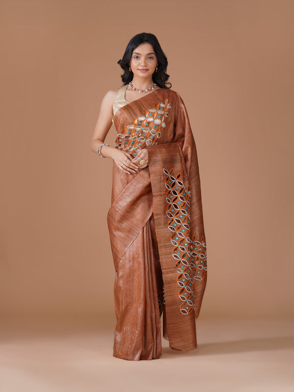 Rust Brown Pure Handloom Tussar Gheecha Silk Hand Cutwork Saree
