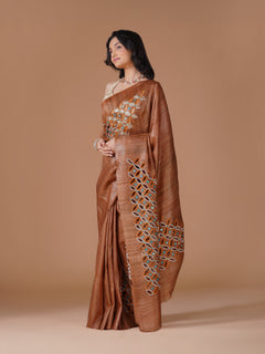 Rust Brown Pure Handloom Tussar Gheecha Silk Hand Cutwork Saree
