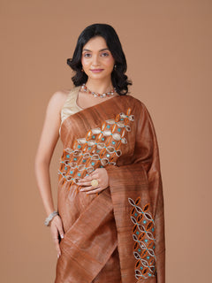 Rust Brown Pure Handloom Tussar Gheecha Silk Hand Cutwork Saree