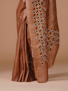 Rust Brown Pure Handloom Tussar Gheecha Silk Hand Cutwork Saree
