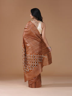 Rust Brown Pure Handloom Tussar Gheecha Silk Hand Cutwork Saree
